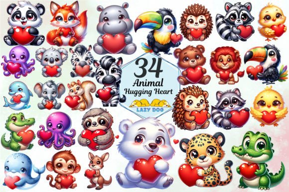 Animal Hugging Heart Sublimation Clipart for Modern Design