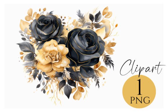 Black and Gold Roses Clipart PNG: Elega for Timeless Design