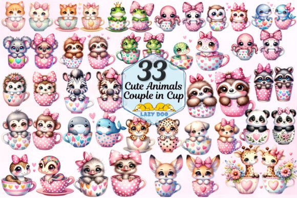 Cute Animals Couple in Cup Sublimation: Creative Design Asset