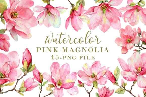 Elegant Watercolor Pink Magnolia Clipart for Modern Design