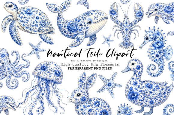 Elevate Designs with Chinoiserie Blue Sea Animals Clipart