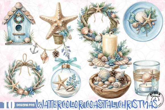 Elevate Designs with Watercolor Coastal Christmas PNG